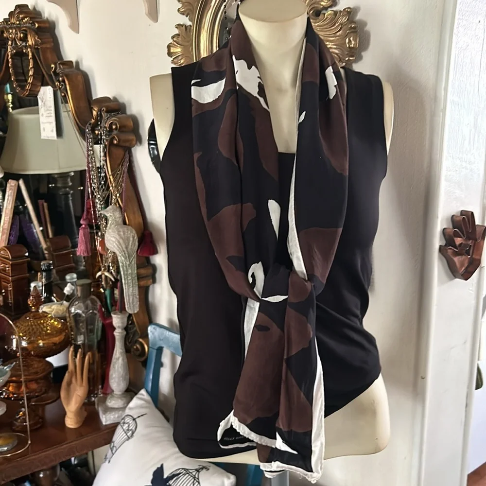 Vintage Black and Brown Hand-Rolled Silk Scarf